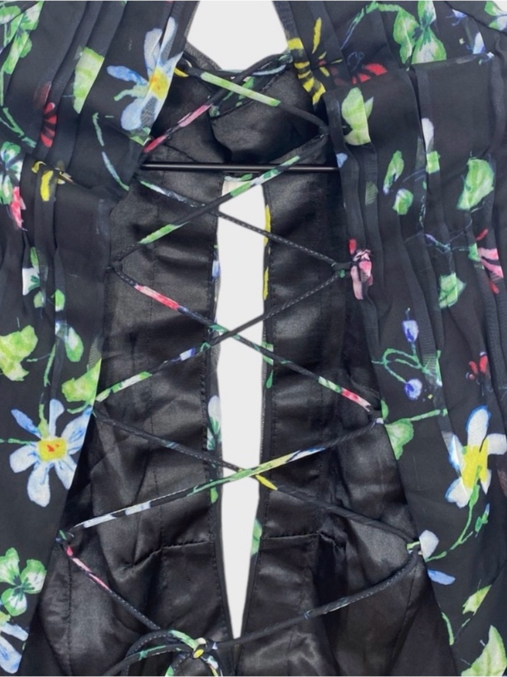 Mac Duggal Black Multicolor Floral High Neck Puff Sleeve Lace Up Back Gown - Picture 8 of 10